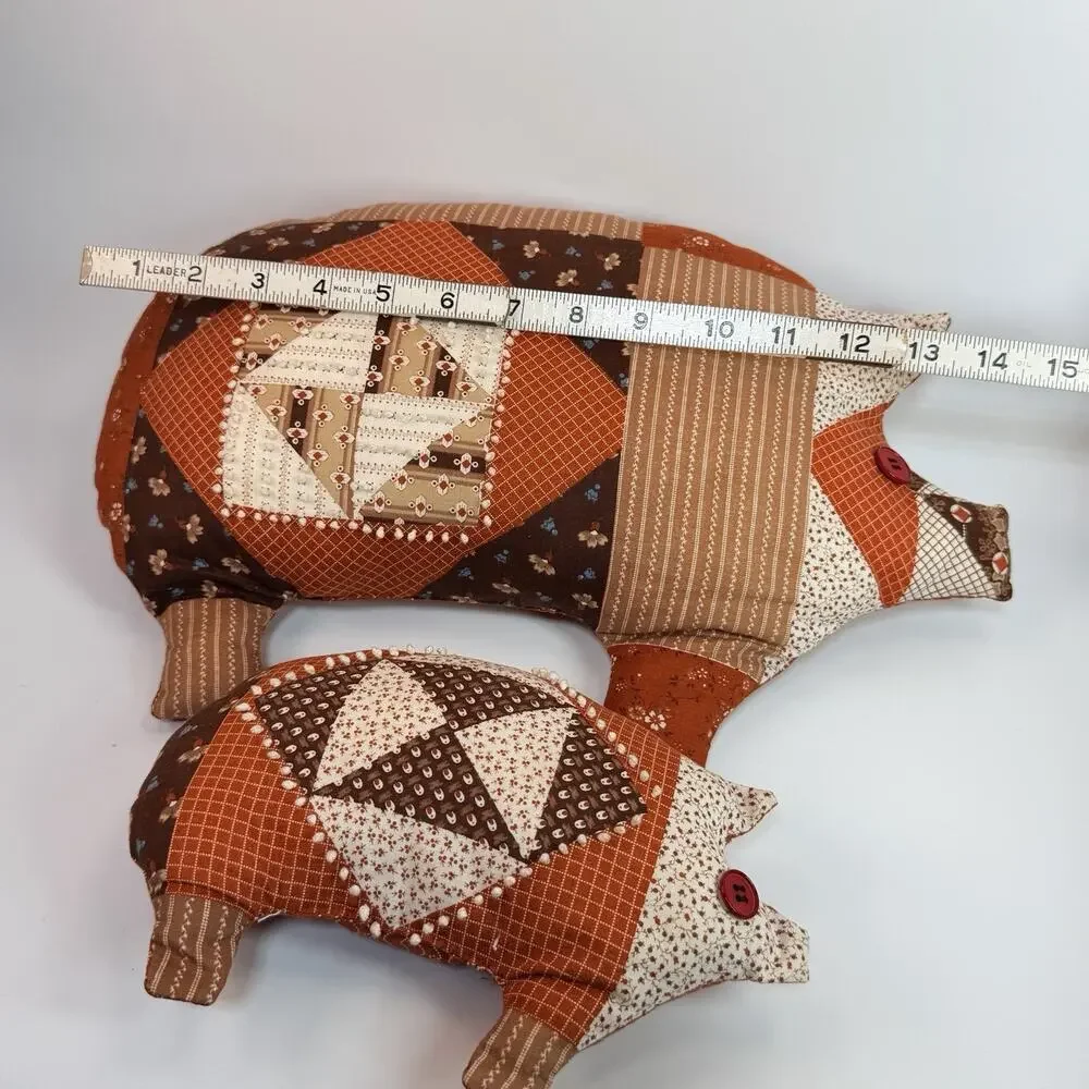Set 2 Handmade Calico Plush Stuffed Pig Pillows Granny Cottage Brown Ornage 80s